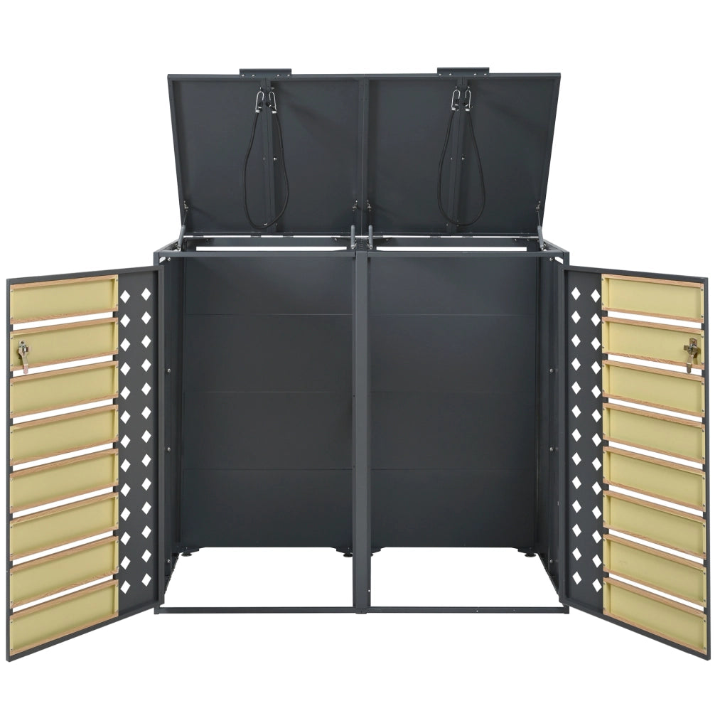 Contenitore per rifiuti con doppia anta e coperchio a ribalta idraulico, in acciaio zincato con finitura effetto legno, ventilazione a rombi, chiudibile a chiave