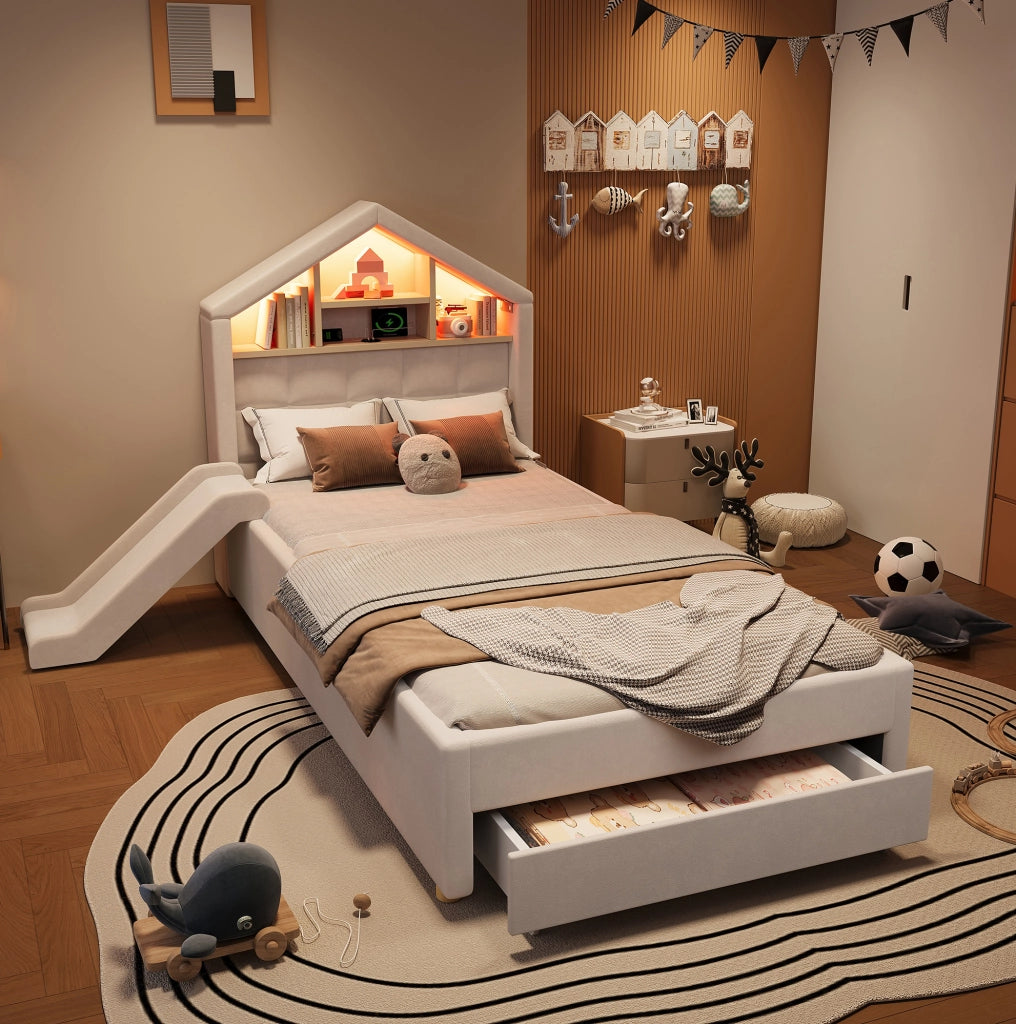 Letto singolo per bambini 90x200 cm imbottito con scivolo; LED e contenitore beige HOMVRA