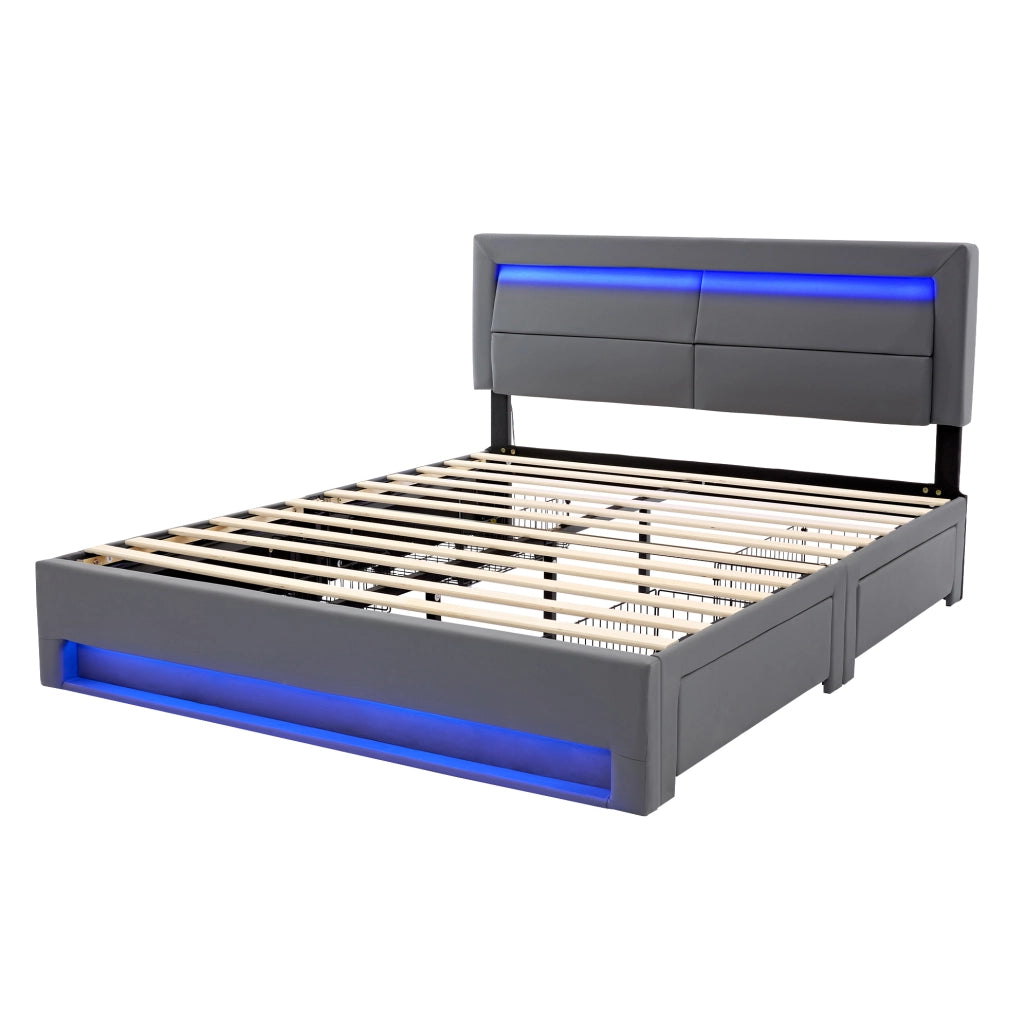Letto imbottito 140 x 200 cm in PU con LED; USB e 4 cassetti; grigio