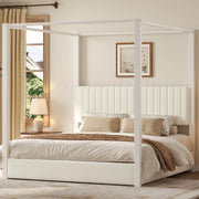 Letto matrimoniale a baldacchino 180×200 cm imbottito in velluto beige e bianco con testiera e montanti in metallo