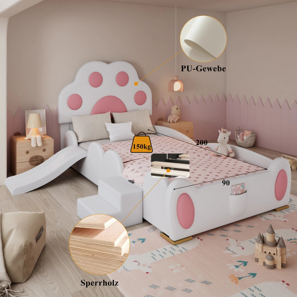 Letto singolo 90 × 200 cm con scivolo e scala a due gradini rivestito in PU bianco e rosa con testiera a zampa