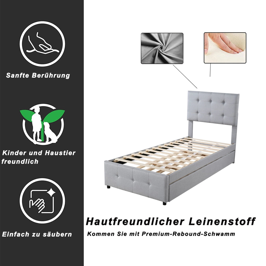 Letto con letto estraibile 90 × 200 cm testiera regolabile imbottito in tessuto di lino grigio con rete a doghe