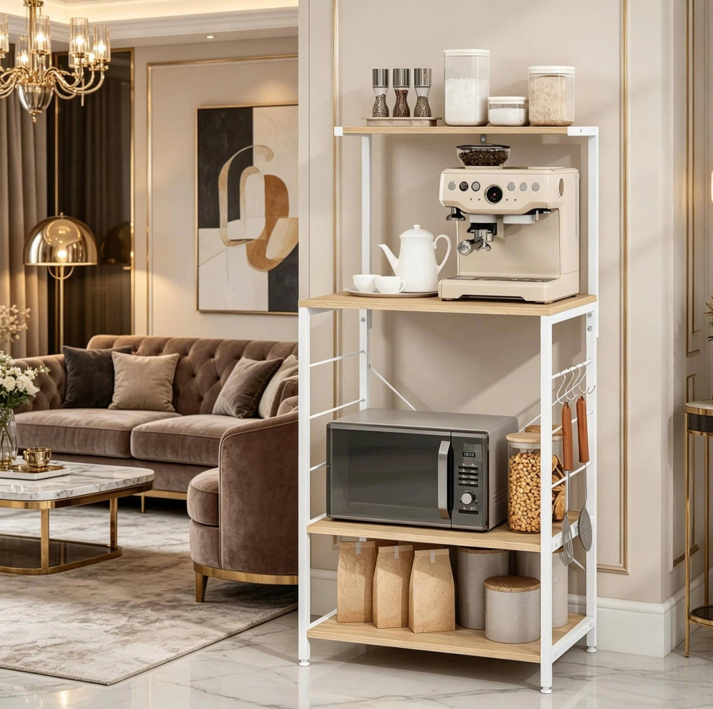 Scaffale da cucina a 4 ripiani con ganci, bianco e rovere