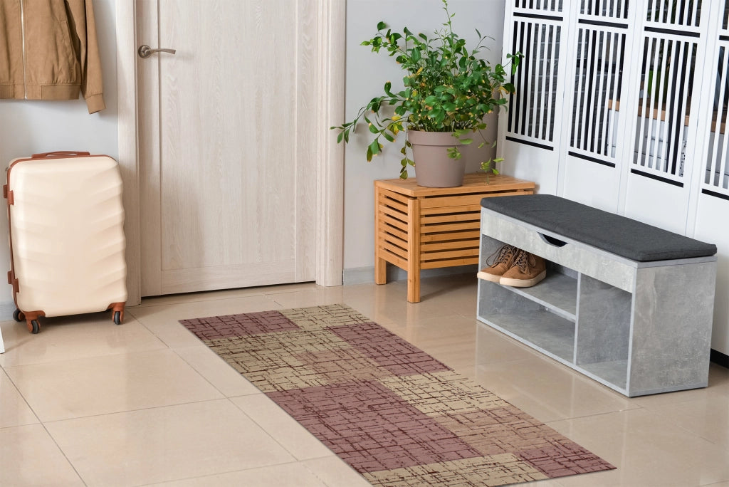 Tappeto Arredo Moderno Morbido in Ciniglia Ingresso Antiscivolo Prodotto Italiano  Soggiorno Camera Salotto Disegni Piazzati Cotone Varie Misure Grande Mondrian/Prugna - 65x220 cm