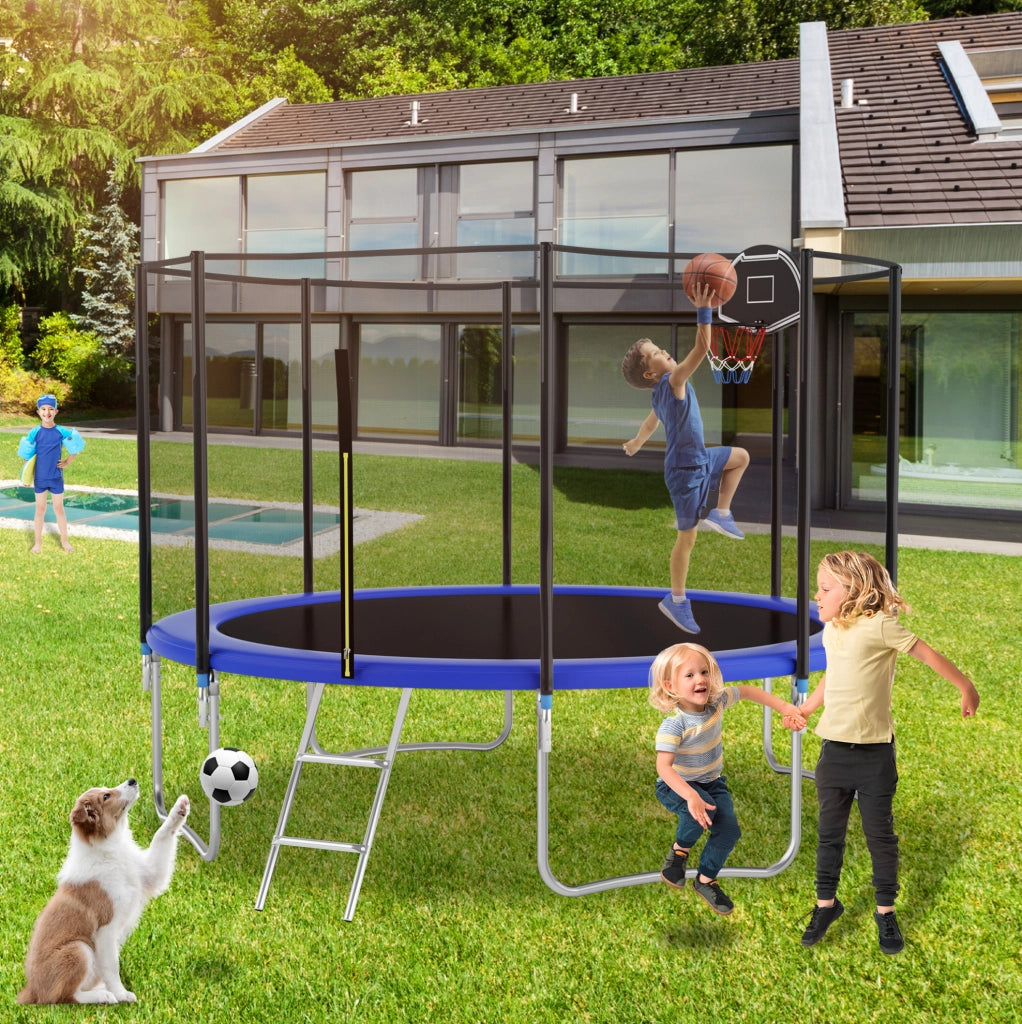 Trampolino rotondo da esterno 366 cm blu con rete di sicurezza, canestro e scala