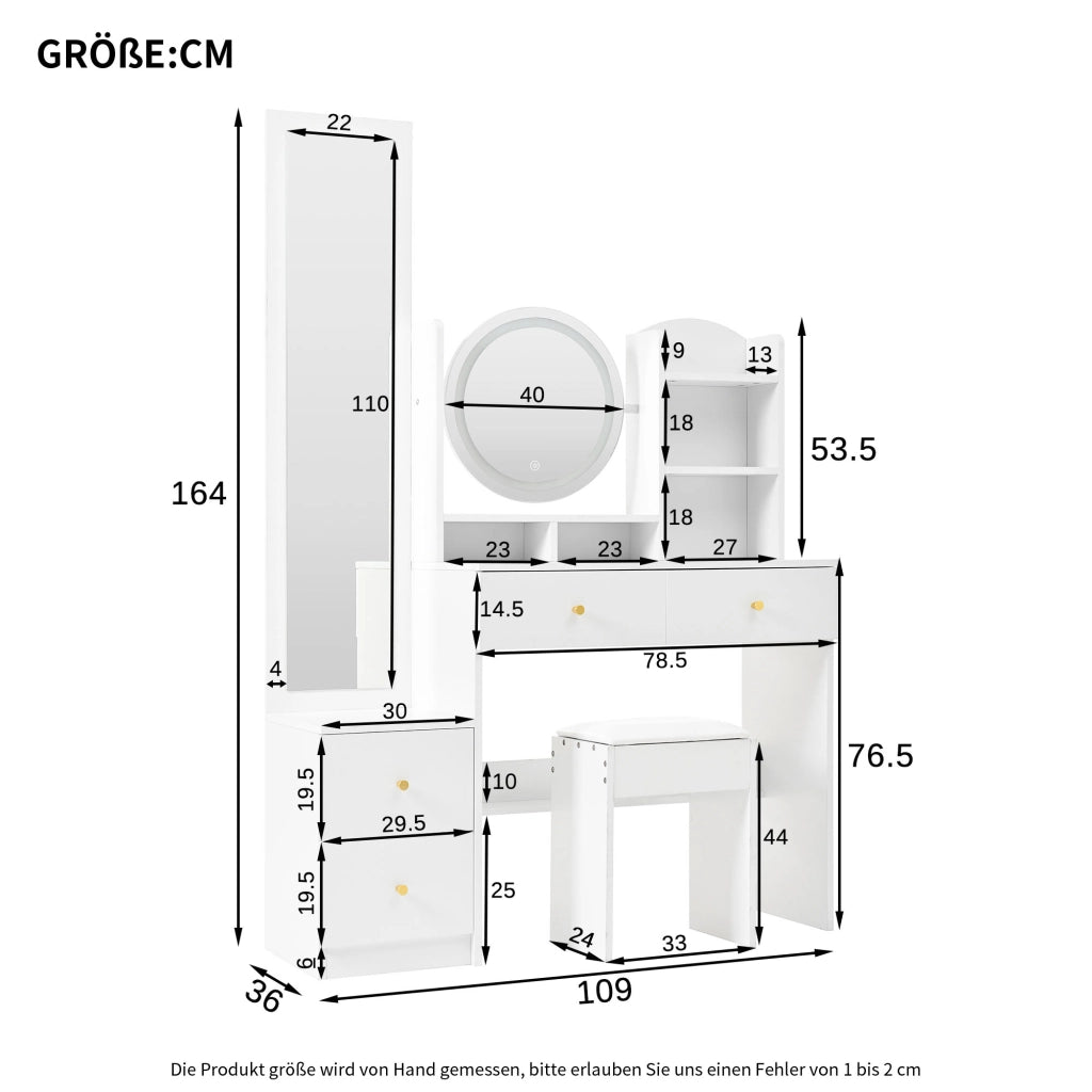 Toeletta 4 in 1 109x36x164 cm con specchio LED; specchio girevole; 4 cassetti e sgabello; bianco