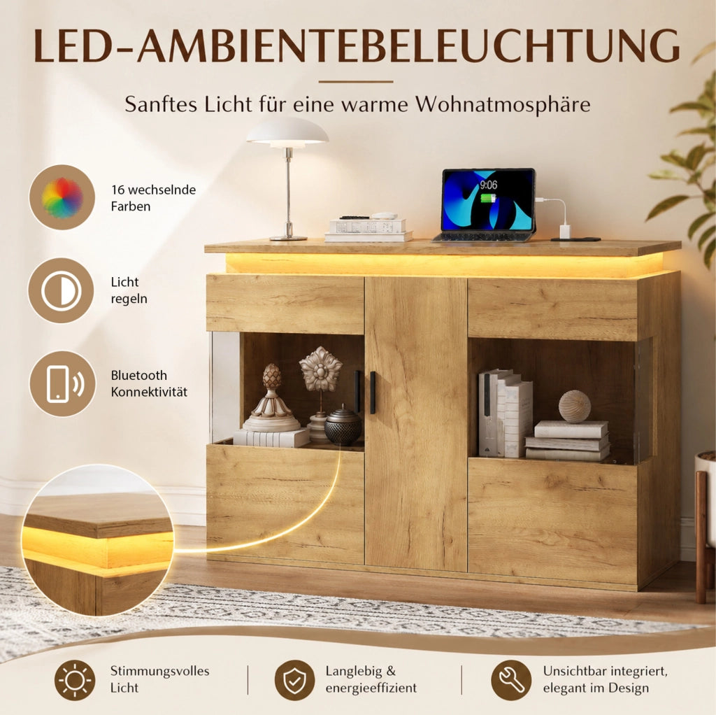 Buffet con illuminazione LED, prese USB e Type-C, anta in vetro e finitura effetto legno, 120x40x79,5 cm