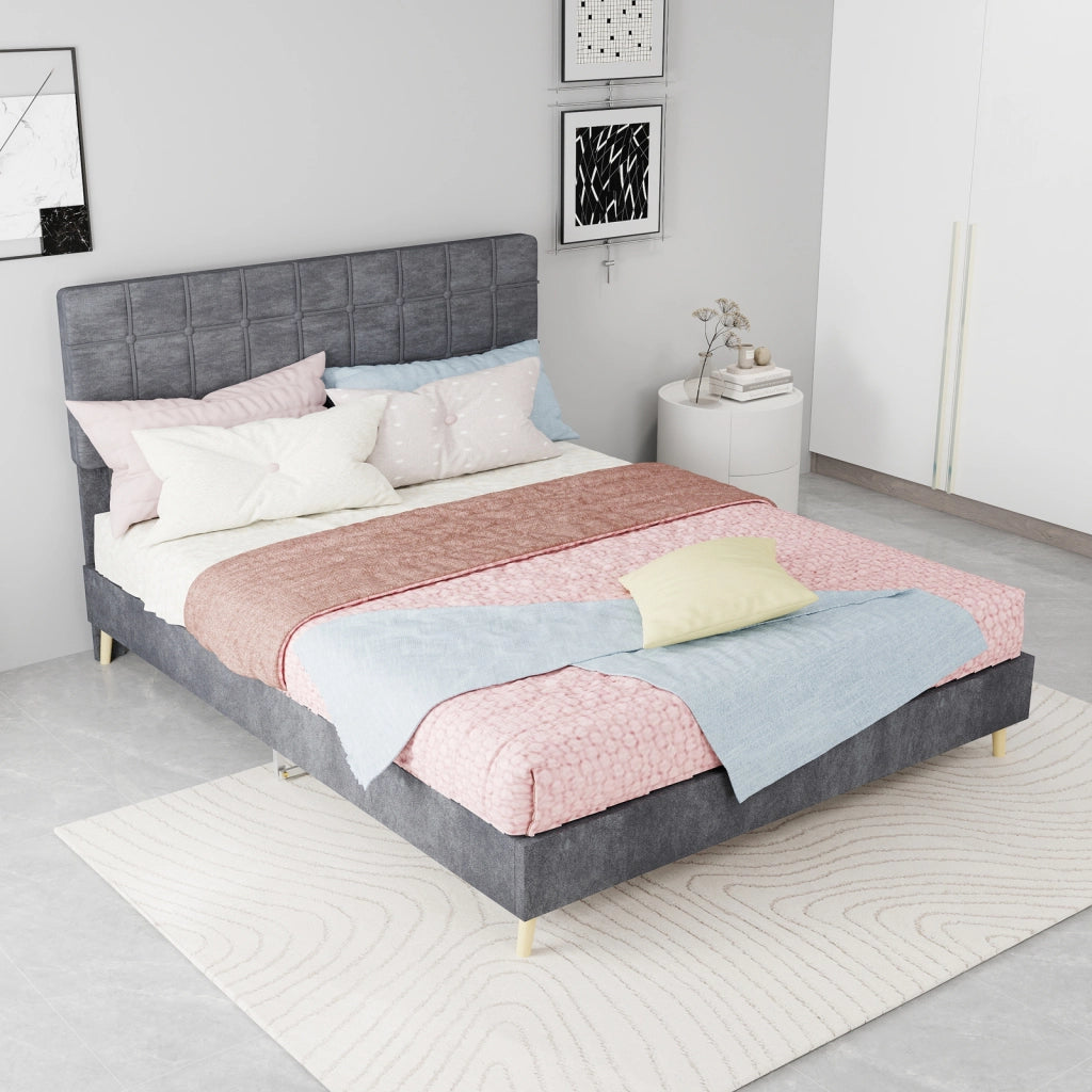 Letto matrimoniale 140 ¡Á 200 cm in velluto grigio con testiera imbottita trapuntata e struttura in legno