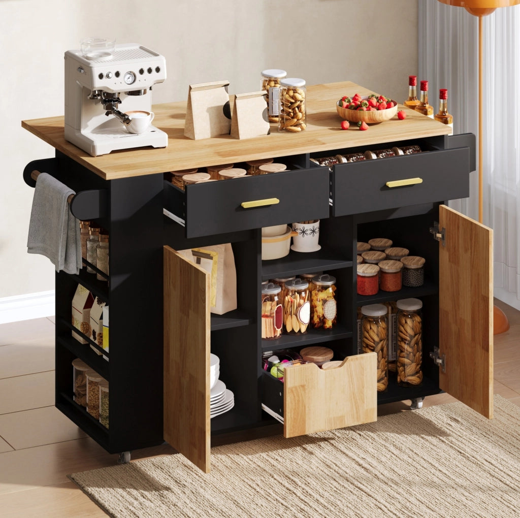 Isola cucina mobile con piano allungabile, carrello con 3 cestoni e scaffale porta spezie, 120 × 45(71) × 90 cm, mobili con ruote bloccabili