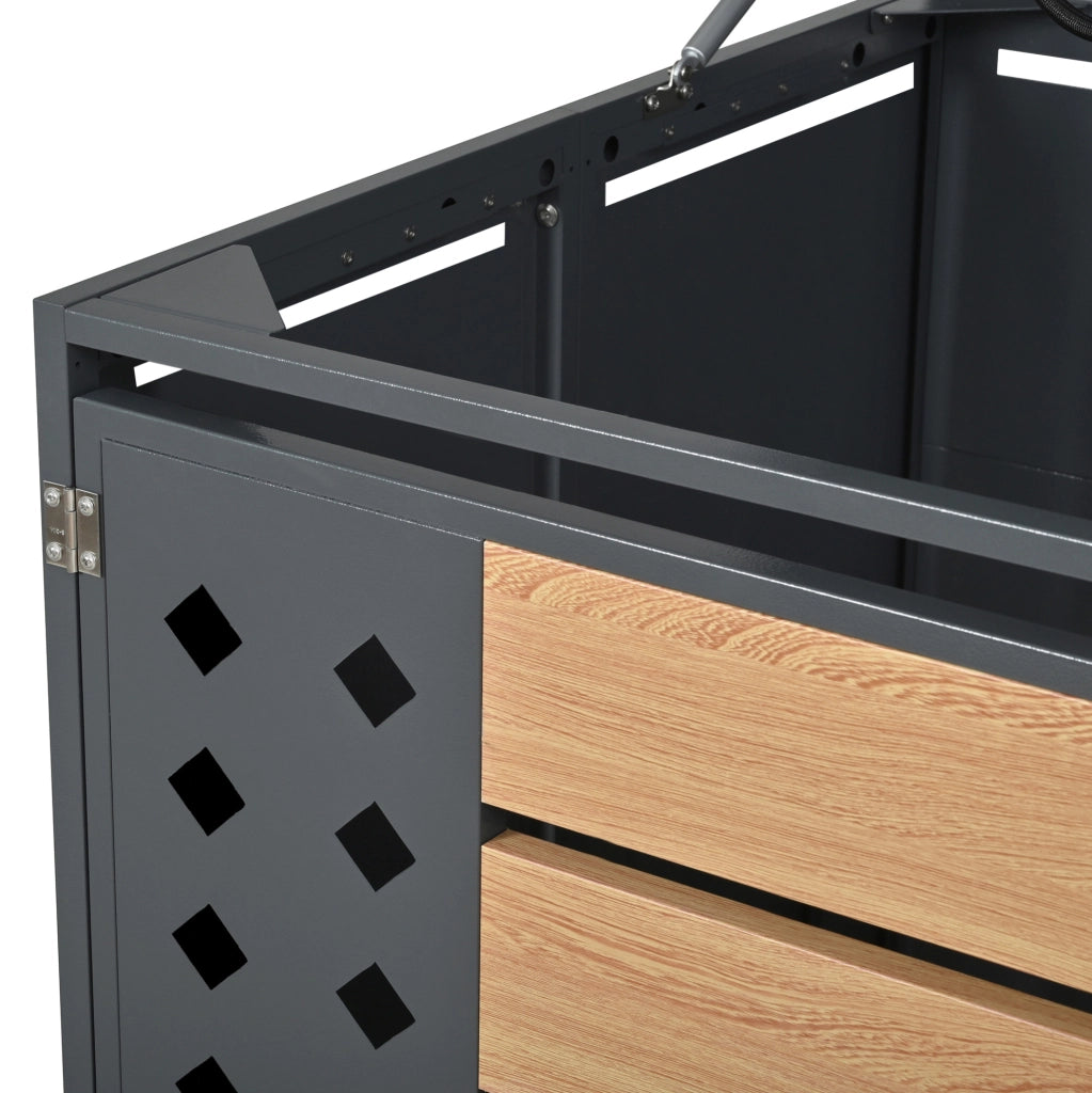 Contenitore per rifiuti con doppia anta e coperchio a ribalta idraulico, in acciaio zincato con finitura effetto legno, ventilazione a rombi, chiudibile a chiave
