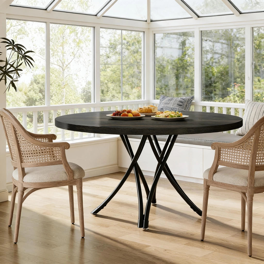 Tavolo da pranzo rotondo con gambe incrociate in legno nero opaco per 4–6 persone diametro 120 cm