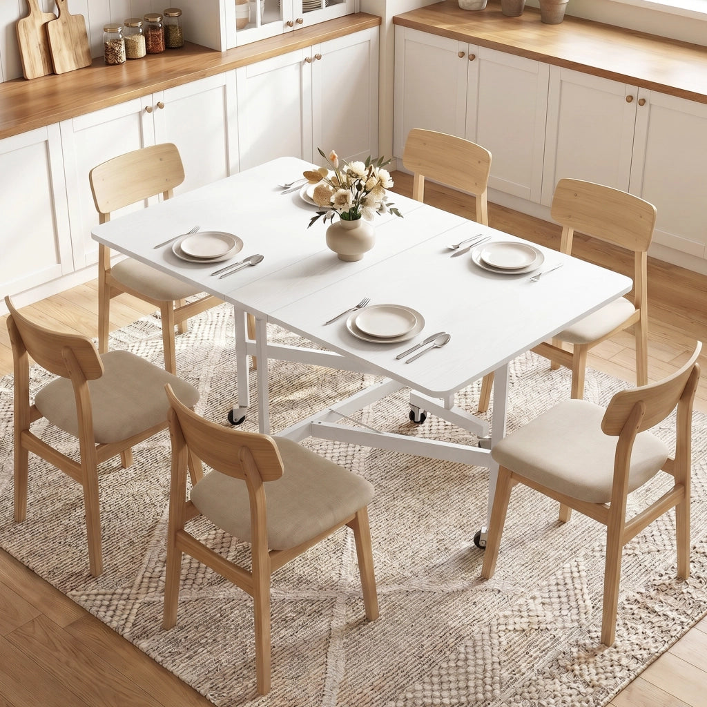 Table à Manger Pliante sur Roulettes pour 4-6 Personnes 120 cm, Roues avec Freins, 2 Abattants, Style Industriel, Blanc