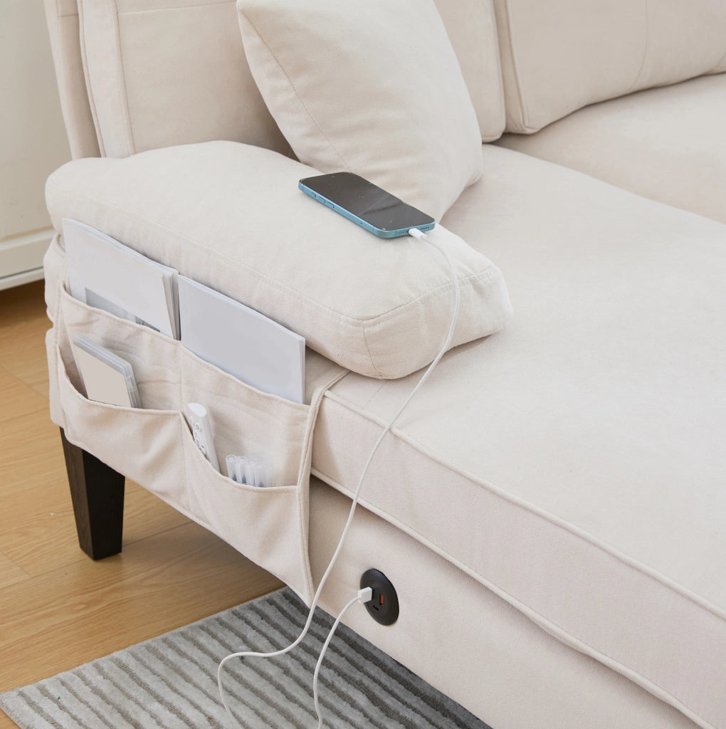 Divano angolare a U 4 posti in lino beige con chaise-longue e schienale moderno