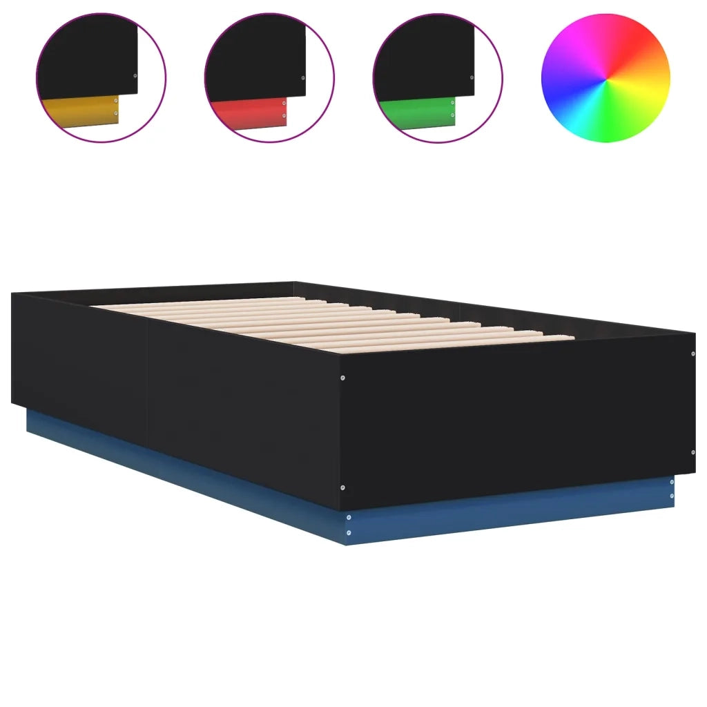 Letto singolo | Letto per adulti | Giroletto con Luci LED Nero 75x190 cm in Legno Multistrato