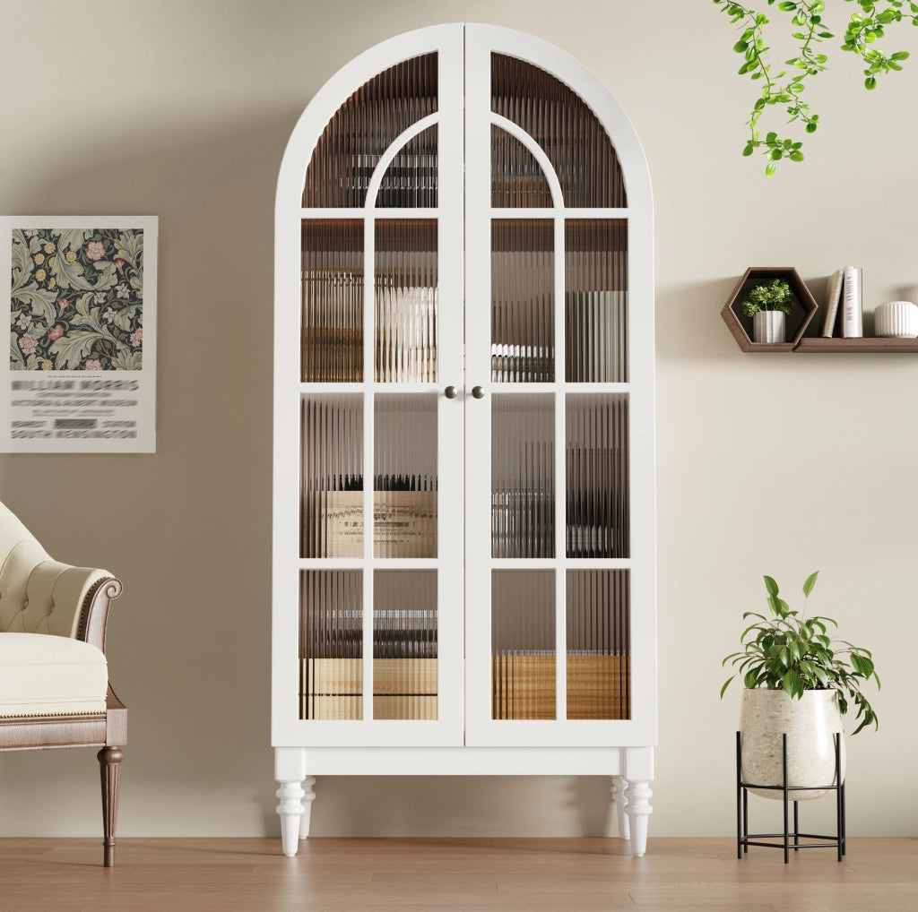 Vetrina ad arco 76x38;5x165 cm con ante in vetro scanalato; 3 ripiani; MDF bianco