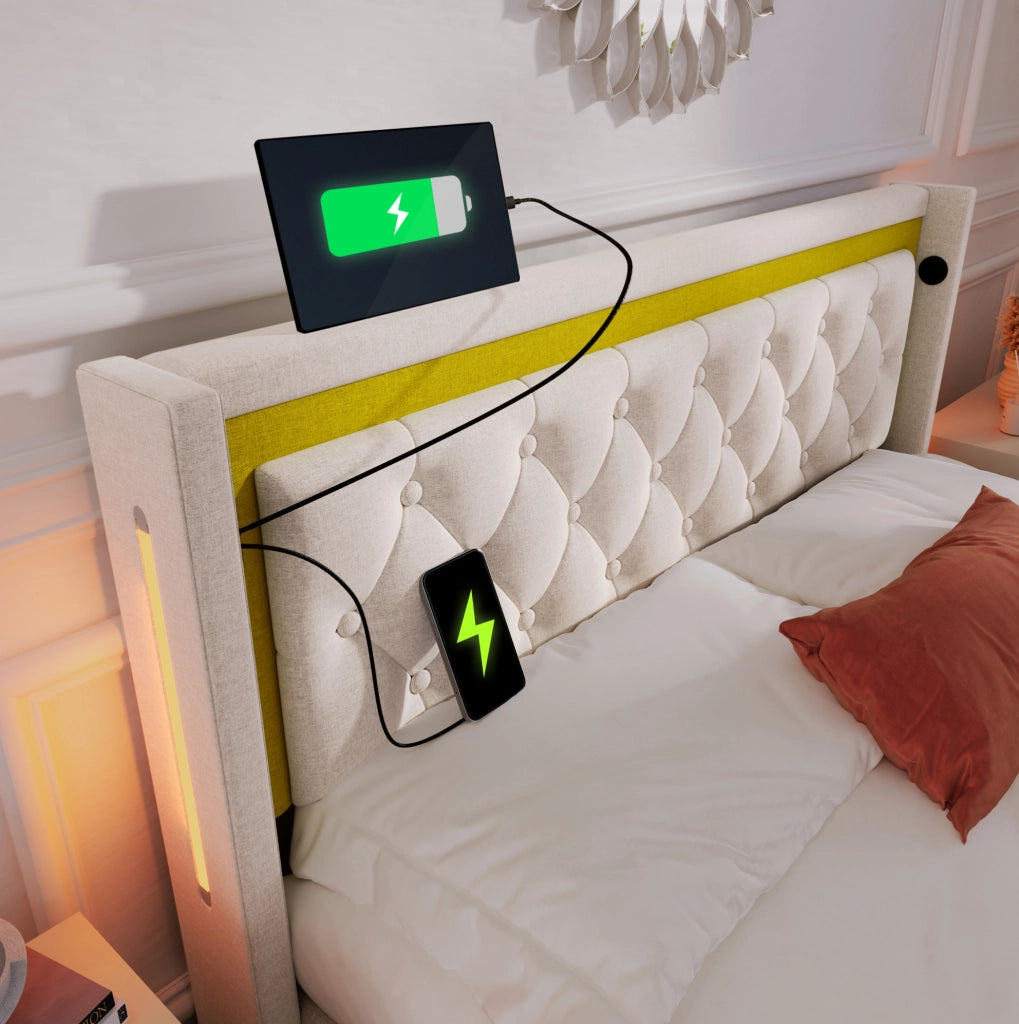 Letto contenitore 140x200 beige con LED, ricarica USB-C e rete a doghe