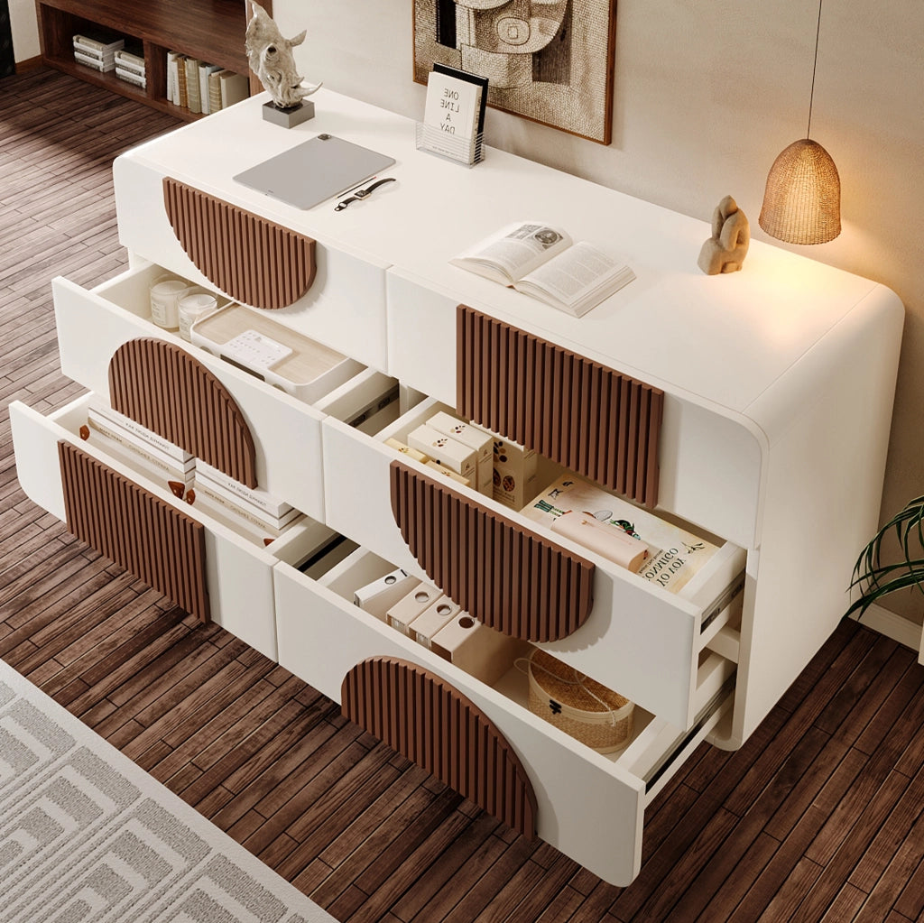 Cassettiera 6 cassetti 121x41x71 cm bianca in MDF e legno massello HOMVRA