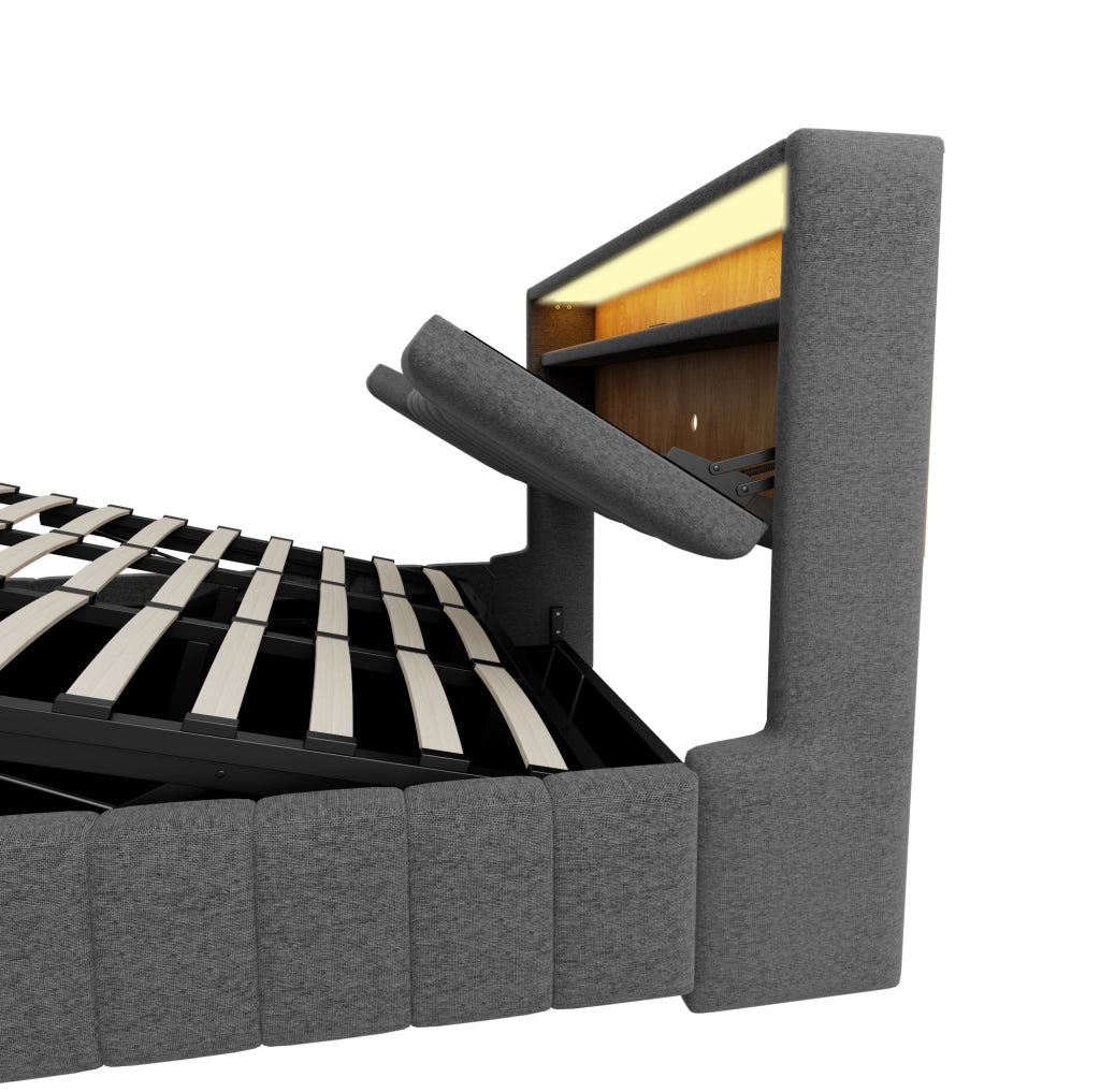Letto matrimoniale ULEVR 180x200 cm con contenitore idraulico, LED, USB e USB-C, tessuto grigio