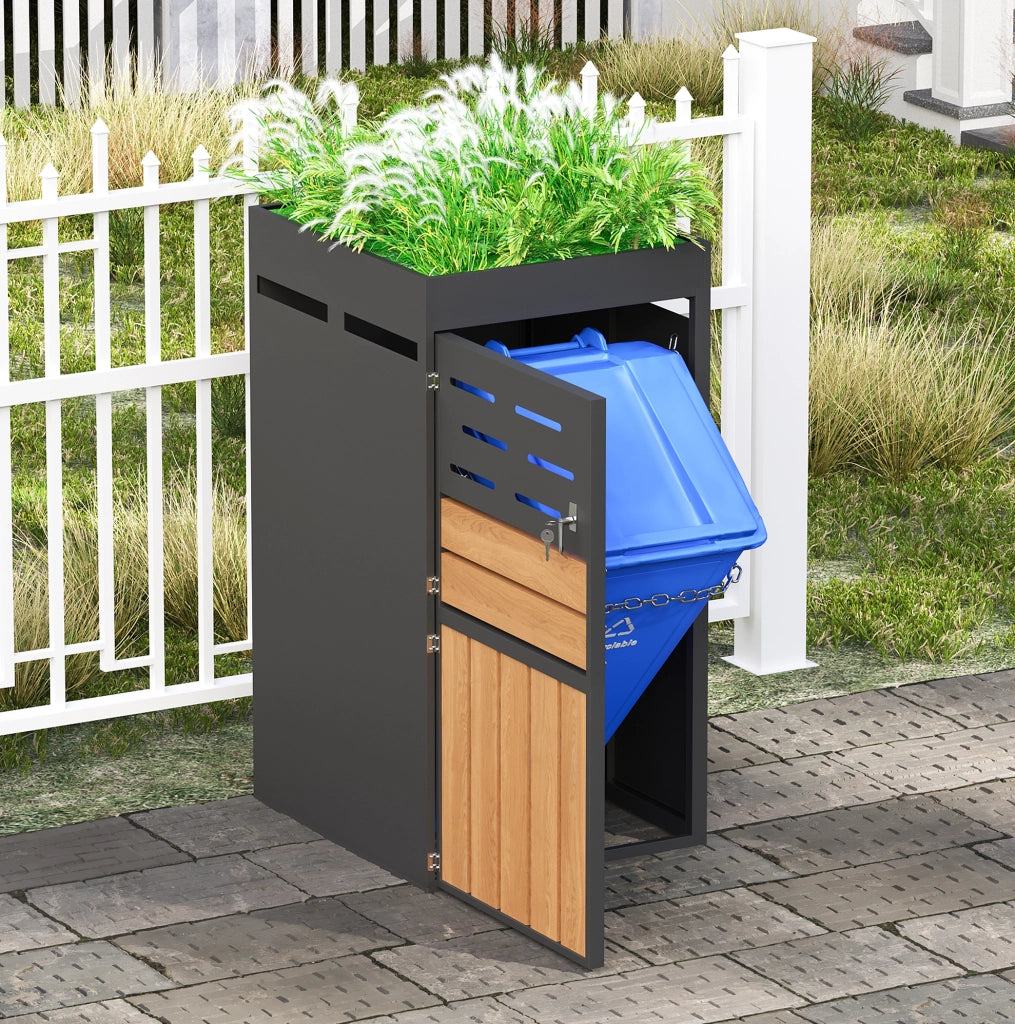 Armadio da esterno multifunzione in acciaio zincato con fioriera integrata, serratura e ventilazione a lamelle – senza contenitore per rifiuti, 66x80x128 cm
