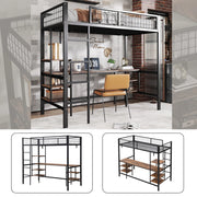 Letto a soppalco 90x200 cm con scrivania e scaffali; struttura in metallo nero e pannelli effetto legno scuro