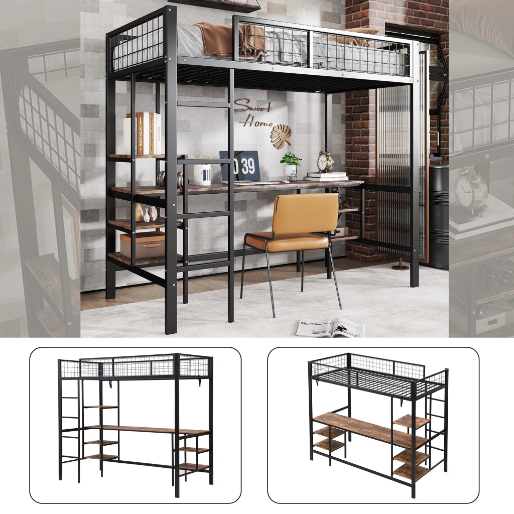 Letto a soppalco 90x200 cm con scrivania e scaffali; struttura in metallo nero e pannelli effetto legno scuro