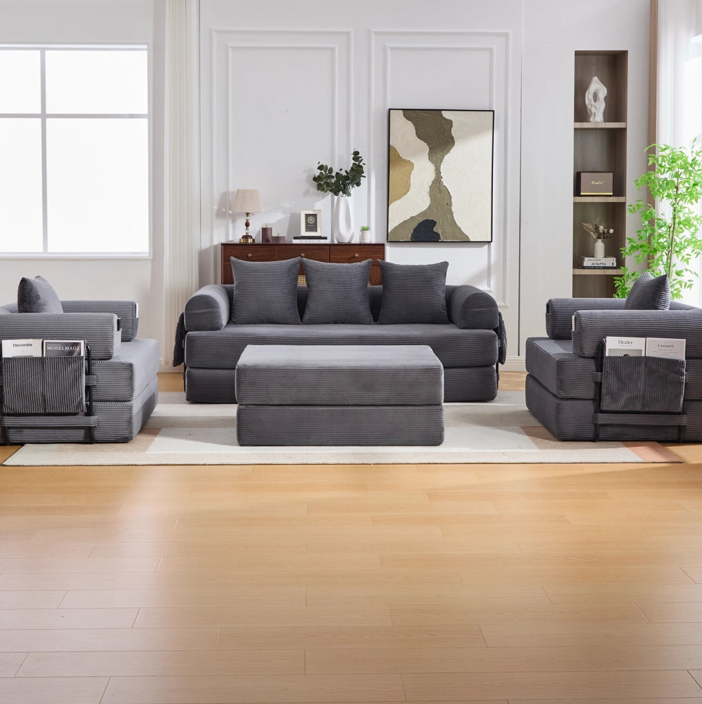 Divano modulare in velluto a coste con poltrona e pouf grigio scuro
