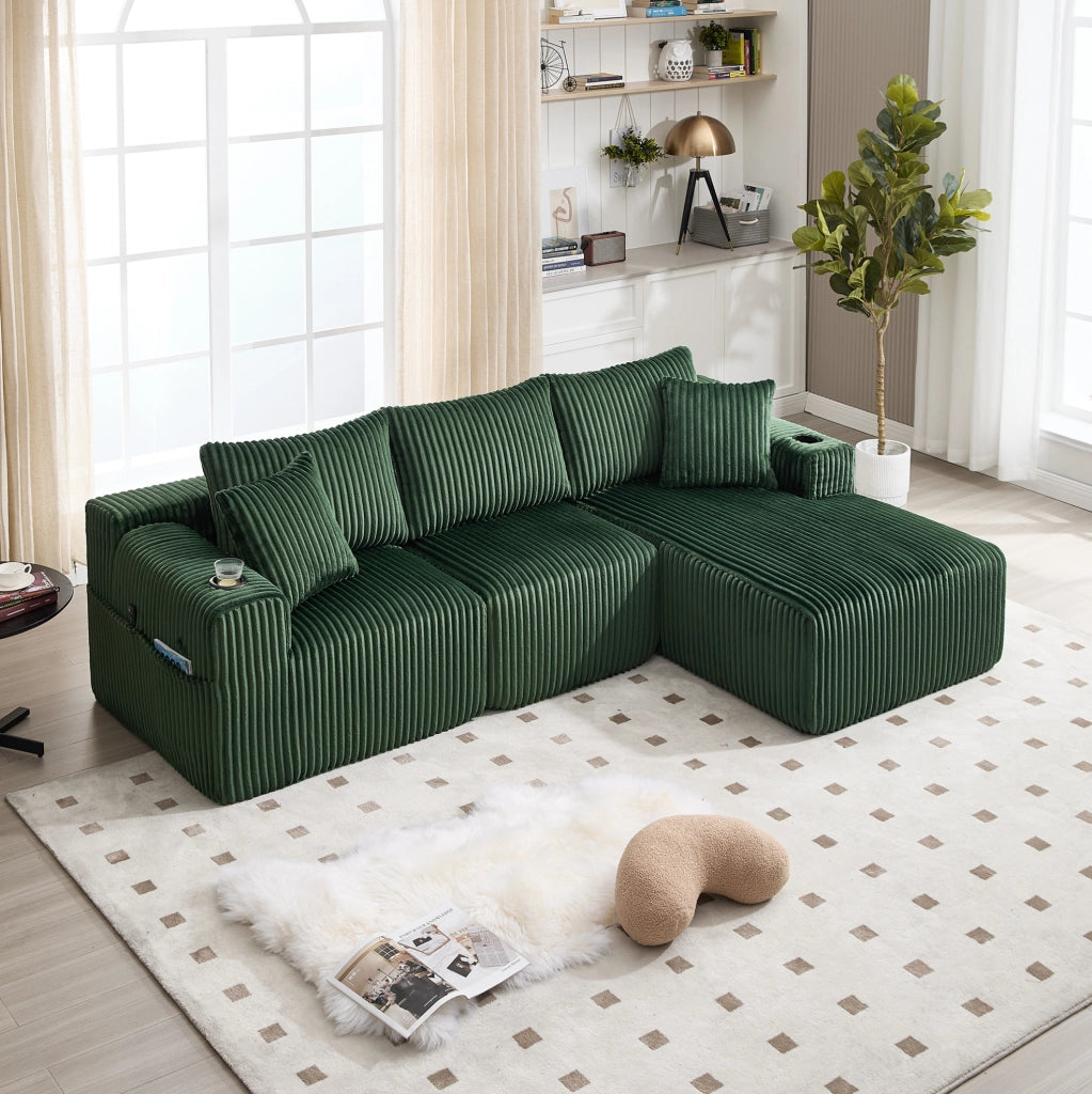 Divano modulare smeraldo con chaise longue, portabevande e 5 cuscini