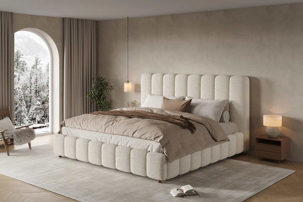 Letto matrimoniale imbottito 180 ¡Á 200 cm con rete a doghe testiera in boucl¨¦ bianco gambe in legno