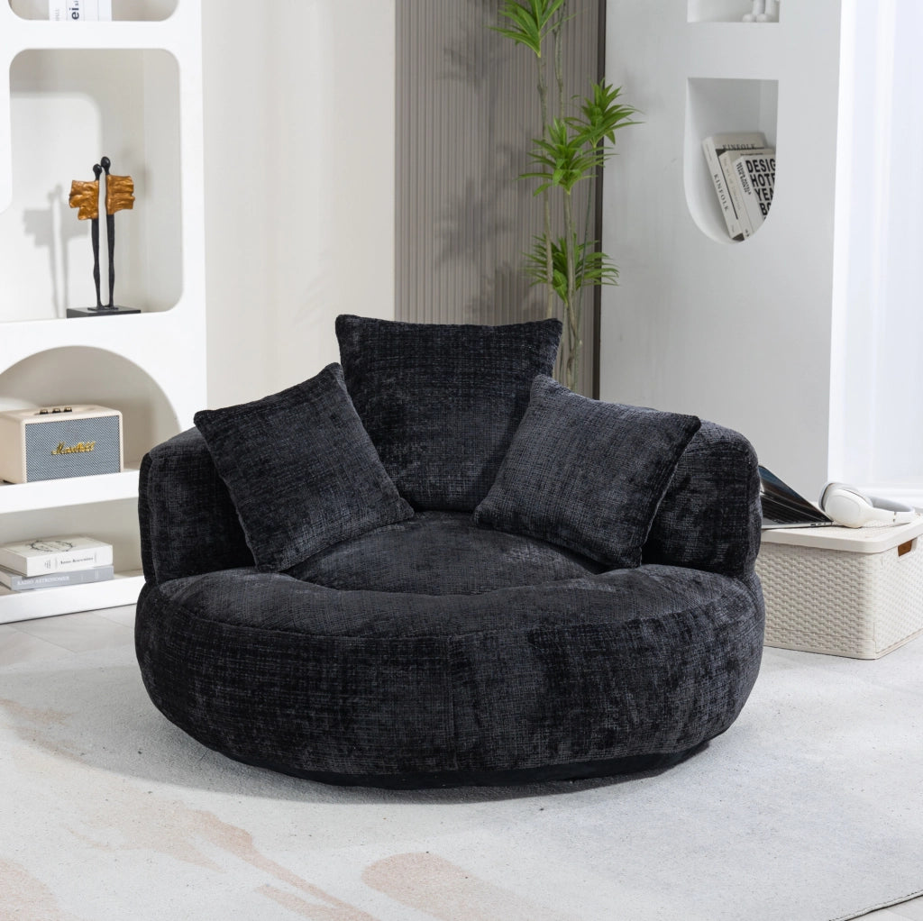Poltrona sacco singola in ciniglia nera con schienale alto e braccioli; 108 × 108 × 52 cm