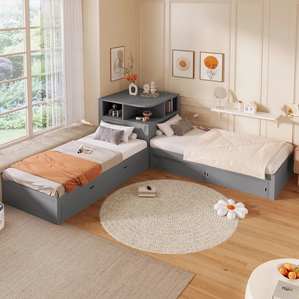 Letto a piattaforma a L 90x200 cm con letto estraibile e contenitore con porta scorrevole, luce notturna inclusa, Grigio