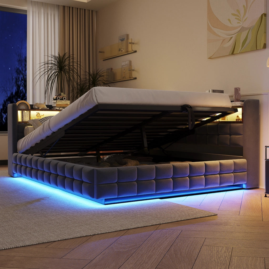 Divano letto 140 × 200 cm con vano contenitore idraulico; ripiani in legno; LED e prese USB Type-C grigio