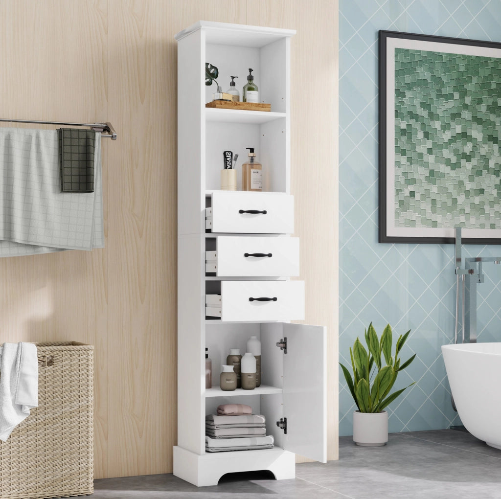 Armadio bagno salvaspazio 38x26x172;5 cm in MDF laccato bianco con 3 cassetti