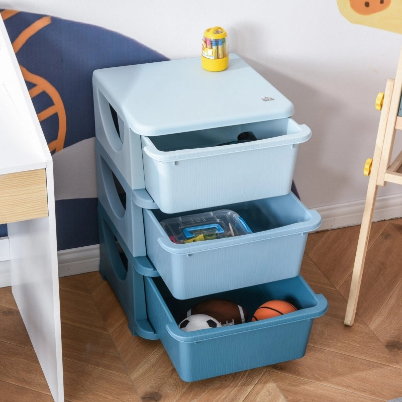 Scatole portaoggetti per bambini, 3 cassetti, bordi arrotondati, design in rilievo, 37x37x56,5 cm, blu