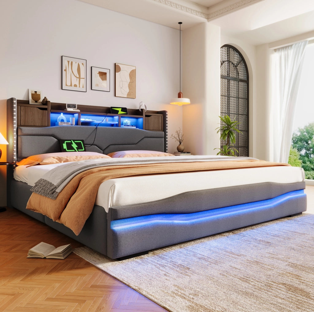 Letto matrimoniale contenitore 180x200 cm in lino grigio con LED e ricarica USB-C HOMVRA