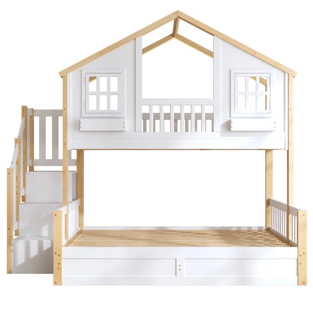 Letto a castello 90x200 e 140x200 con LED; scala contenitore; bianco