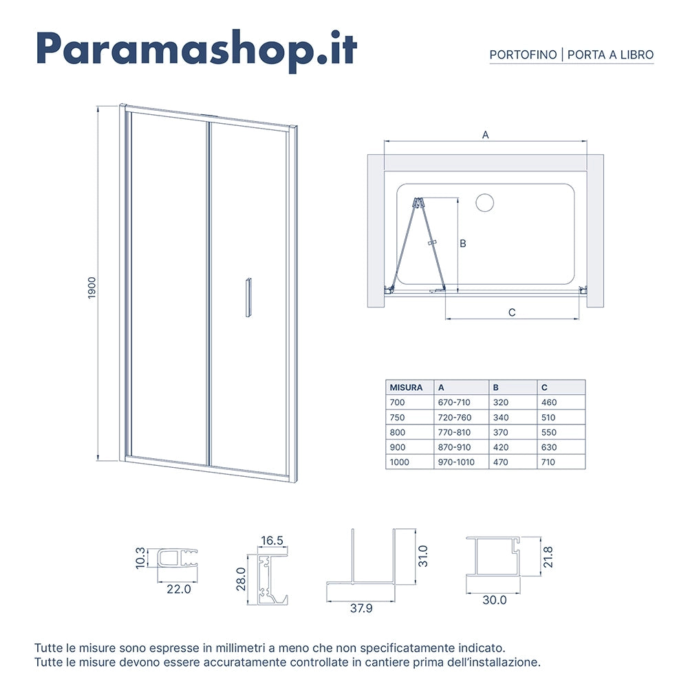 Porta doccia 90cm con apertura a libro profili slim rame spazzolato vetro 6mm trasparente anticalcare h190 | Portofino