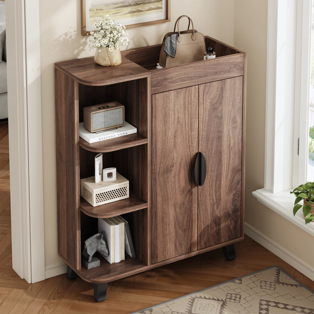 Mobile porta scarpe con 2 ante e vani aperti; ripiano superiore; per ingresso; in truciolare; noce; 80 × 32 × 99 cm