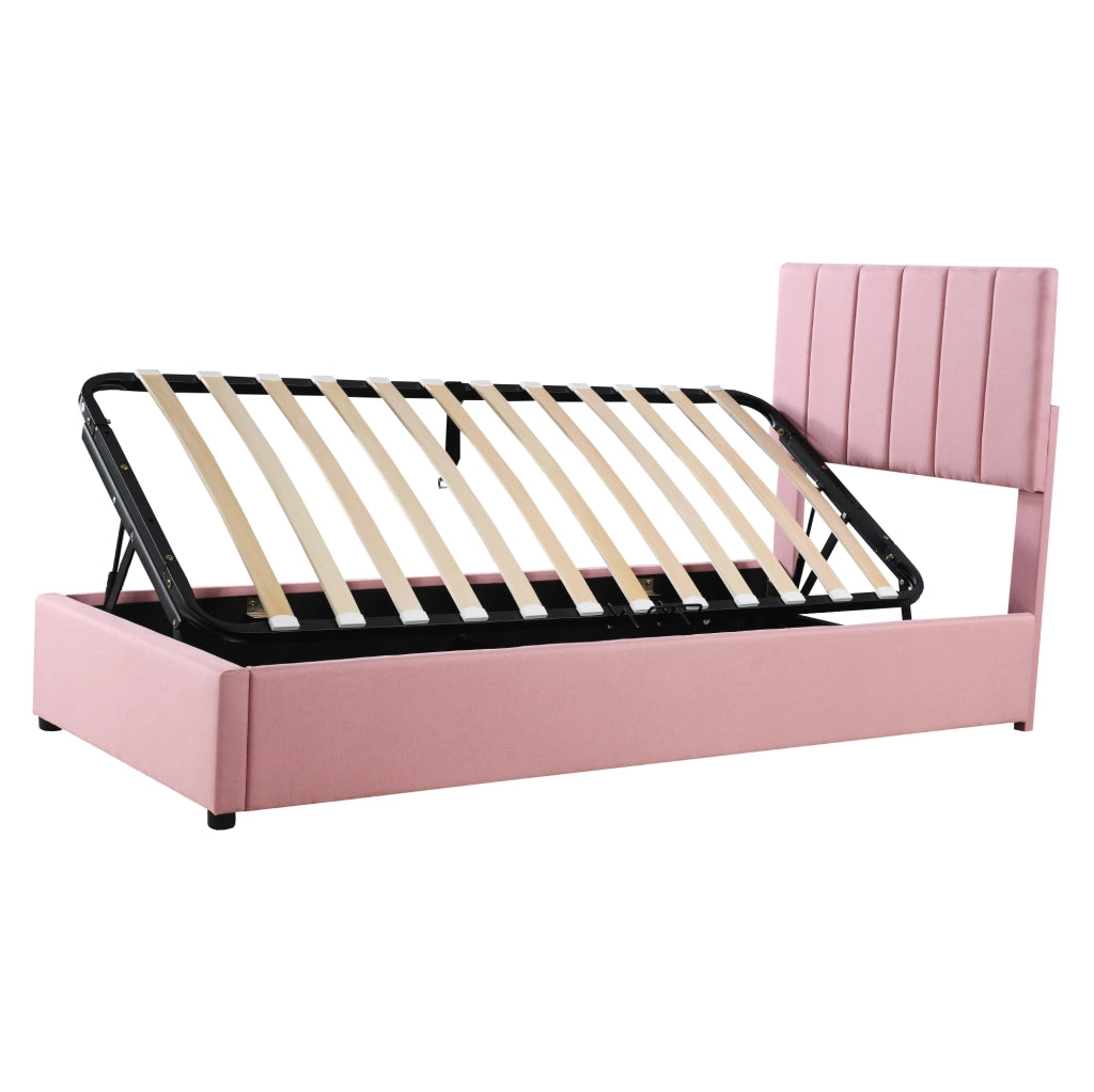 Letto per bambini 90x200 cm con contenitore idraulico in lino rosa e struttura in MDF