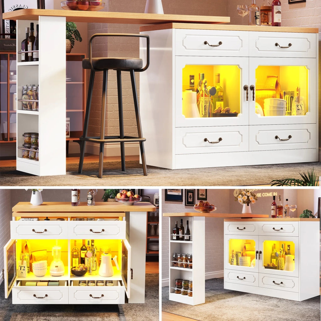 Tavolo Bar Allungabile con LED e Vano Portaoggetti, Girevole a 360°, Telescopico (135-203x39x92,8 cm), Isola Cucina Alta per Soggiorno, Camera da Letto, Bianco