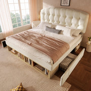 Letto matrimoniale imbottito 140 × 200 cm con rete a doghe testiera regolabile cassetti e vani contenitore beige