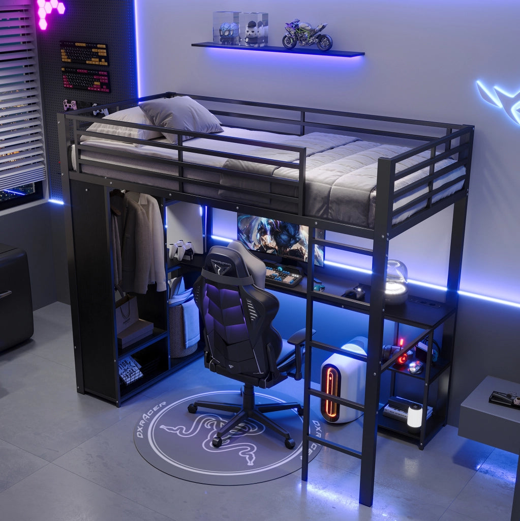 LETTO a Soppalco 90x200 cm con Scrivania e LED Nero