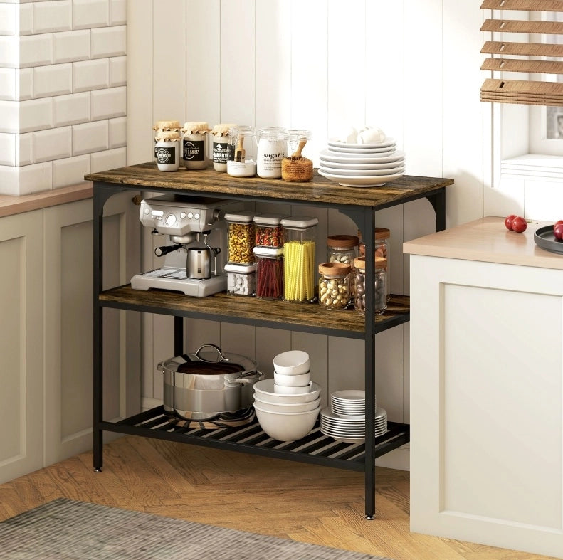 Scaffale da cucina ULEVR 100x50 cm a 3 livelli con ripiani e griglia in acciaio, marrone rustico