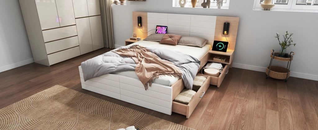 Letto matrimoniale in legno 140x200 cm con 2 cassetti, testiera con luce da lettura girevole e ricarica USB, struttura con doghe in rovere/bianco, senza materasso