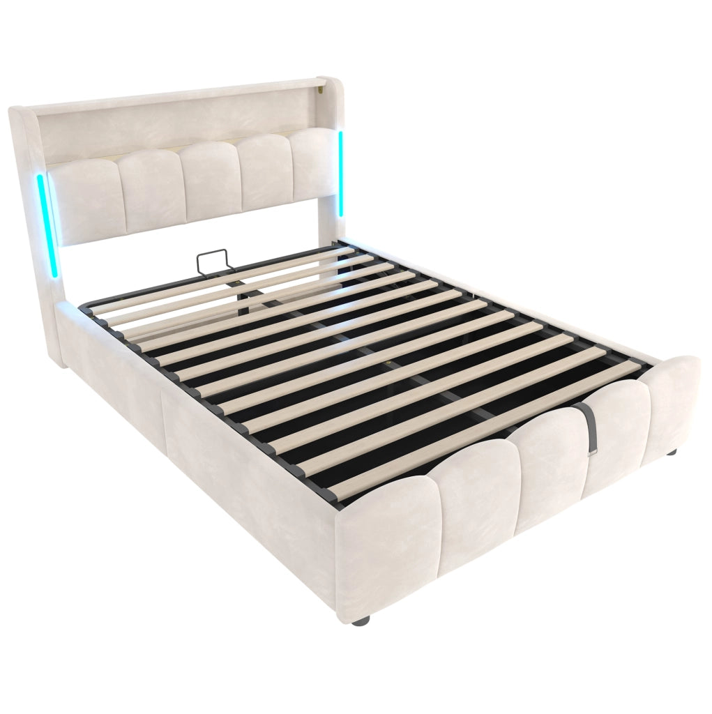 Letto imbottito 140x200 cm con contenitore; LED; USB e Type-C; velluto beige