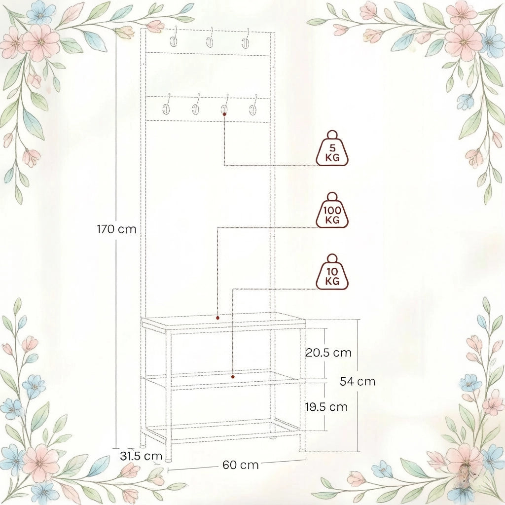 Mobile da ingresso con 7 ganci doppi, panca e 2 ripiani per scarpe, in metallo e legno, bianco, 60 × 31,5 × 170 cm