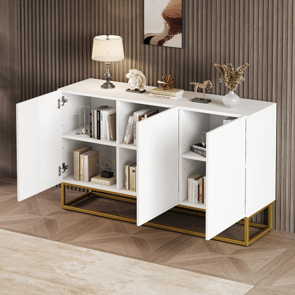 Credenza e madia con 3 ante e ripiani regolabili, frontali lucidi per soggiorno, bianco e oro, 130 × 38 × 76 cm
