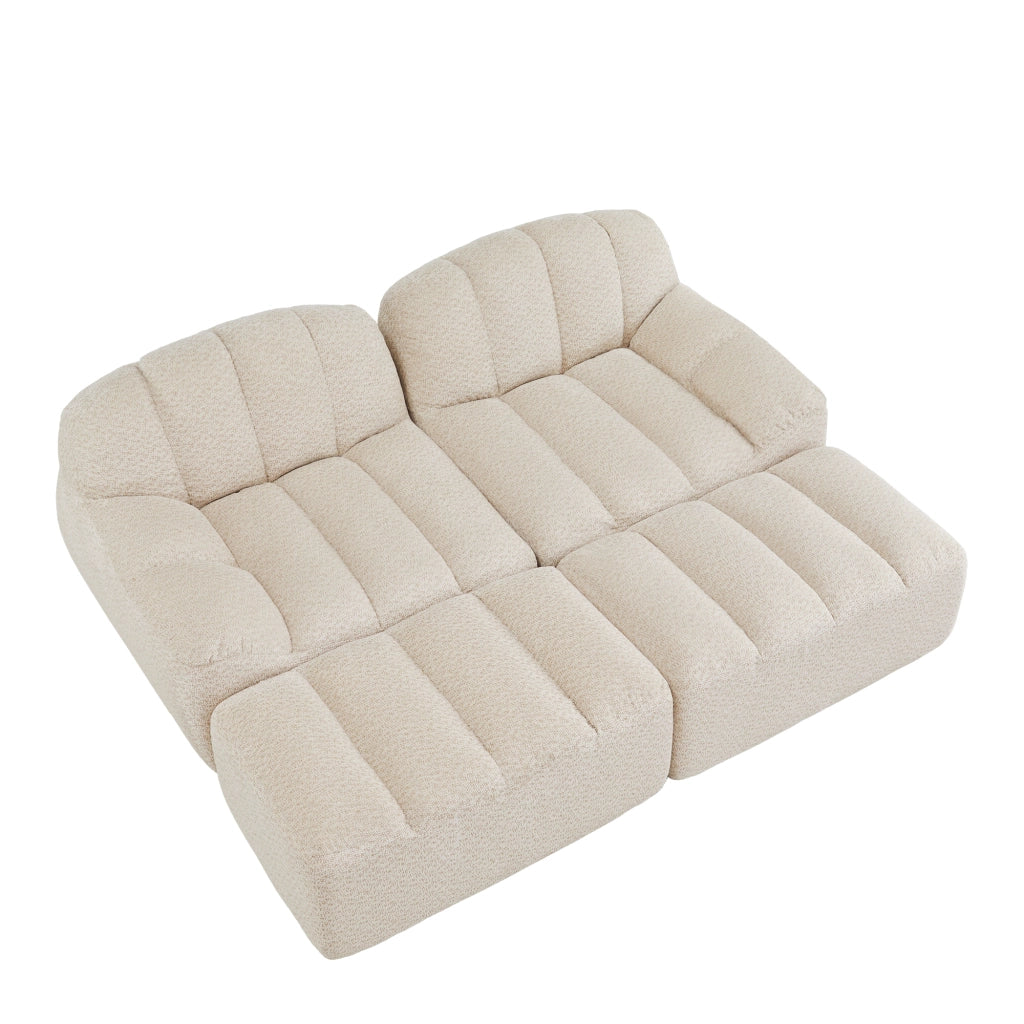 Divano modulare 2 posti in pile riccio beige bianco con 2 pouf; schiuma 32D e base antiscivolo