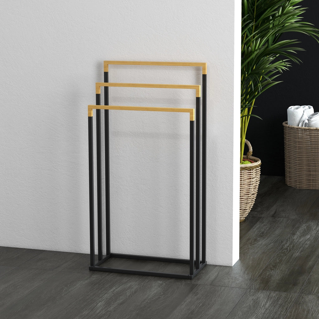 Portasciugamani a Parete Set 3 Barre ¨C Xylo ¨C Bamb¨´ e Metallo Nero 45x22,5x86 cm