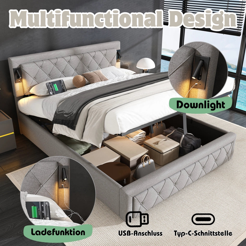 Letto matrimoniale contenitore imbottito in lino grigio con testiera a rombi luci e porte USB