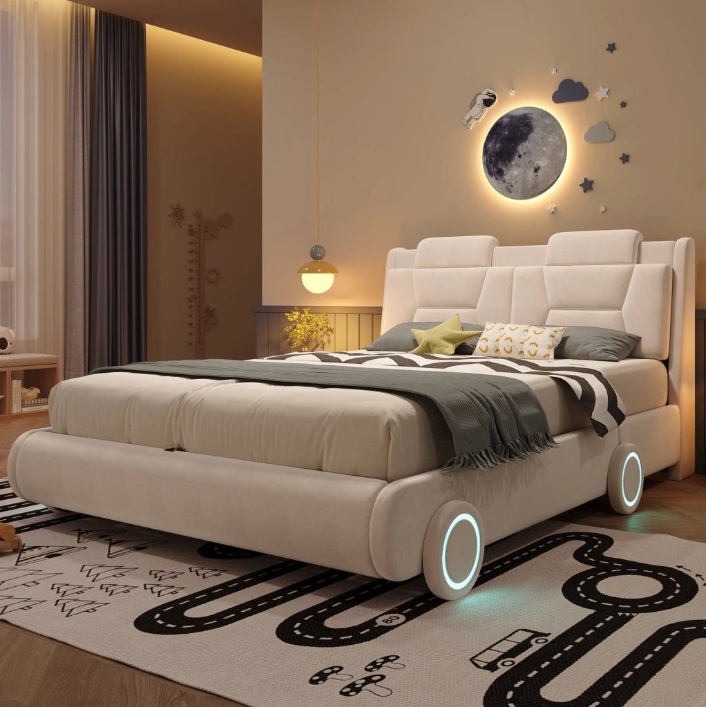 Letto Imbottito per Bambini a Forma di Auto 140 x 200 cm Beige in Flanella - Senza Materasso